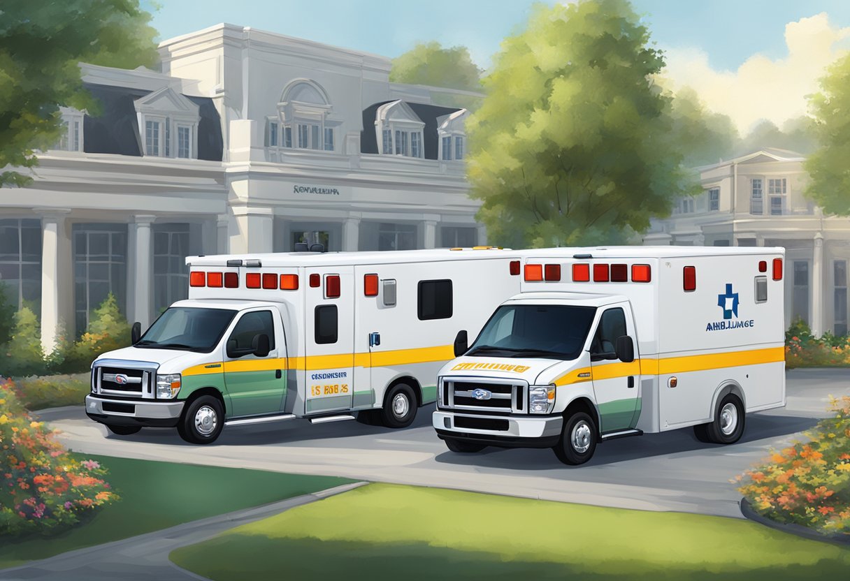 Uma empresa de ambulâncias que oferece serviços para eventos especiais e corporativos, com ambulâncias estacionadas do lado de fora de um local e funcionários assistindo os clientes.