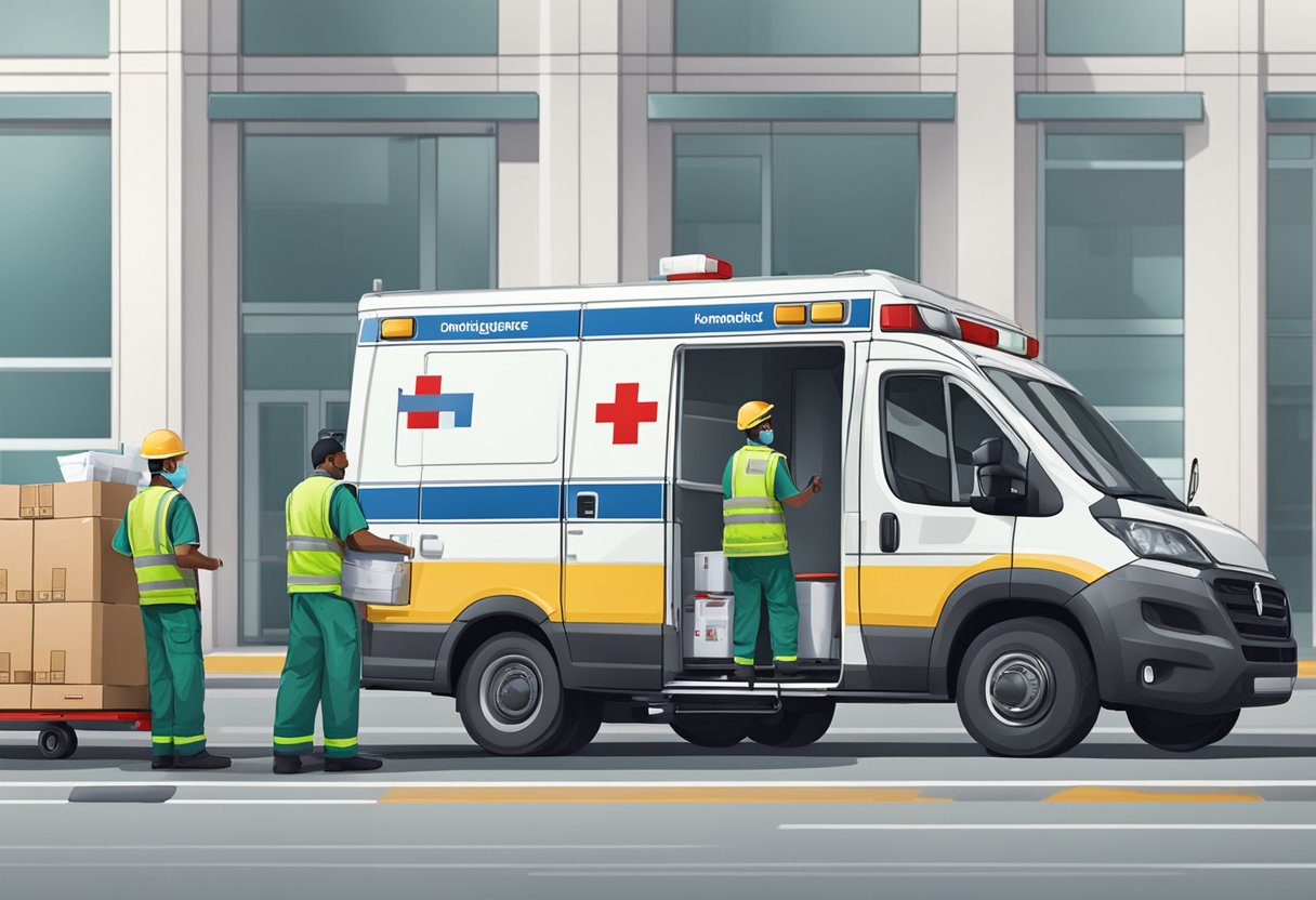 Uma ambulância estacionada do lado de fora de uma empresa de logística e mobilidade urbana, com trabalhadores carregando suprimentos médicos.