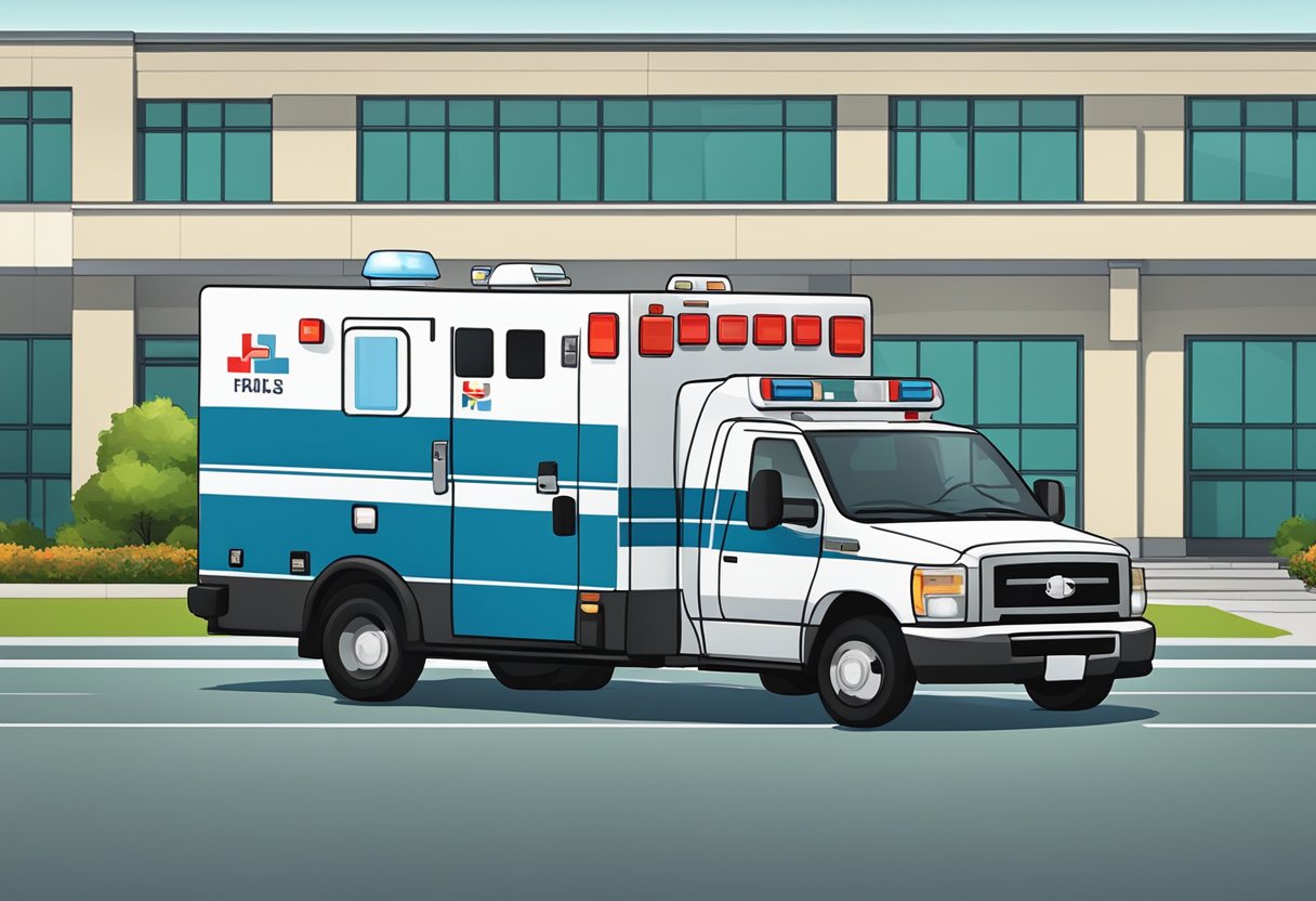 Uma ambulância estacionada do lado de fora de um hospital, com foco no logotipo da empresa e nas características de segurança do veículo.