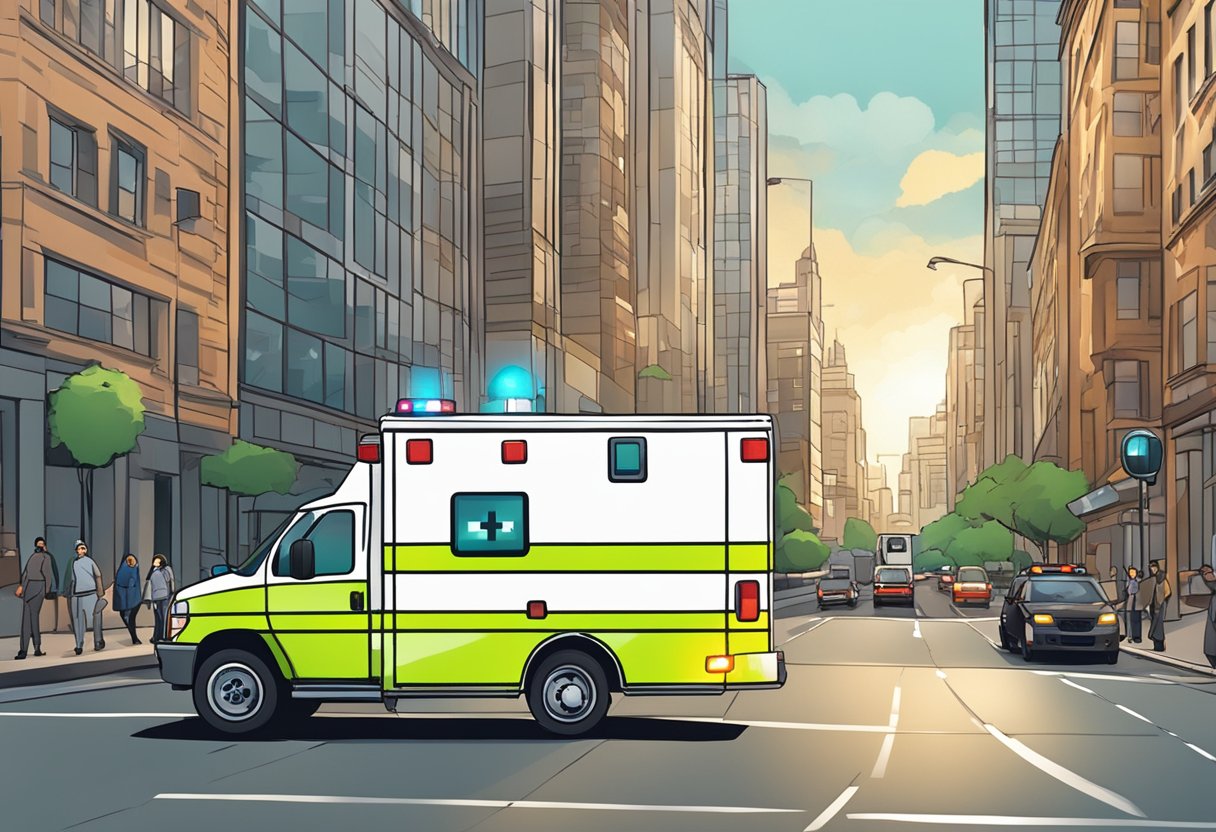 Uma ambulância acelerando pelas ruas da cidade com luzes piscando e sirenes