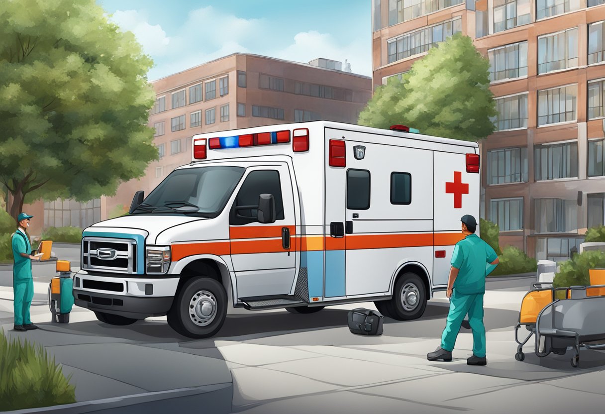 Uma ambulância estacionada do lado de fora de um prédio, com uma equipe médica à disposição.