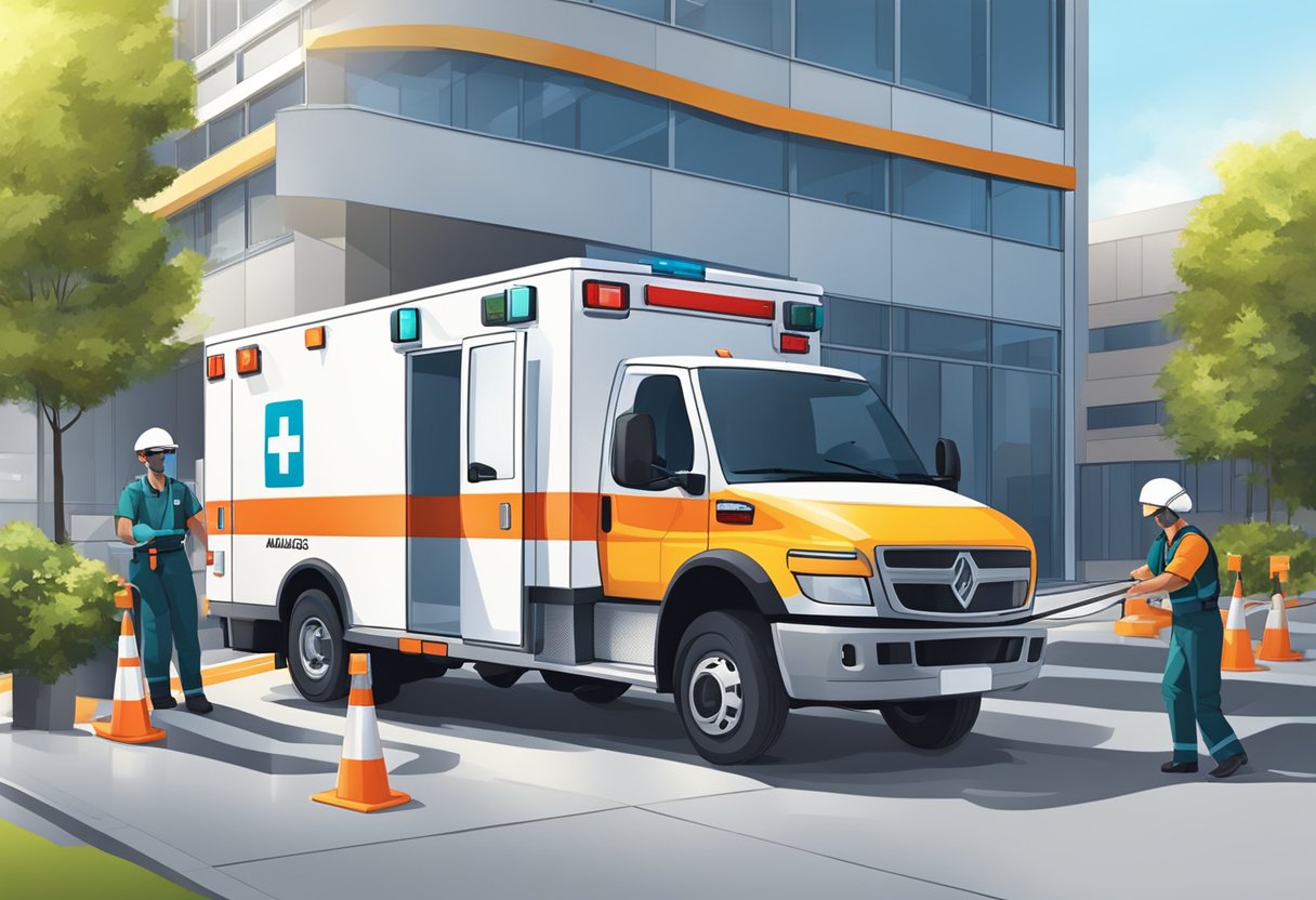 Uma ambulância estacionada do lado de fora de um prédio de escritórios moderno, com paramédicos descarregando equipamentos e se preparando para uma chamada.