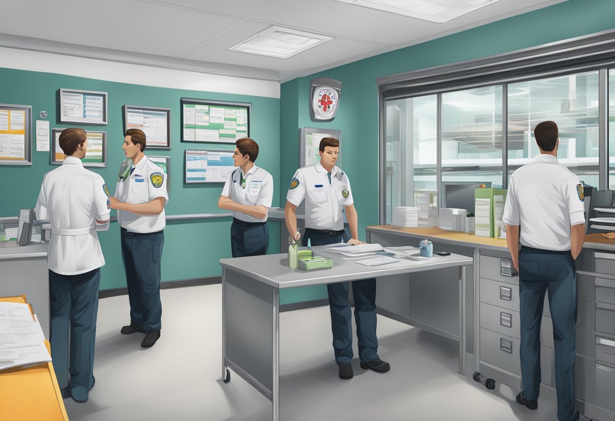 Um escritório de empresa de ambulância com certificados emoldurados na parede, funcionários uniformizados revisando protocolos de segurança e ambulâncias estacionadas do lado de fora.