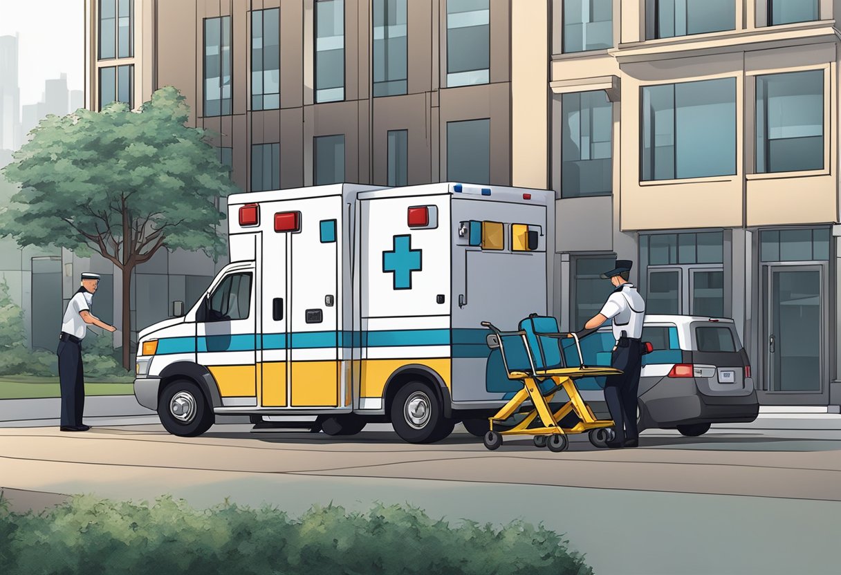 Uma ambulância estacionada do lado de fora de um prédio com paramédicos assistindo a um paciente em uma maca.