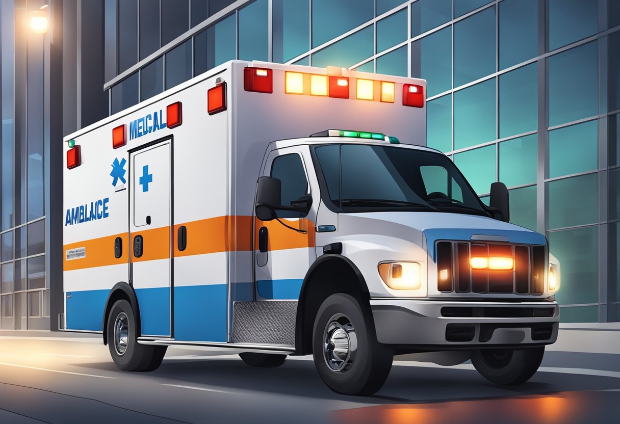 Um veículo de uma empresa de ambulâncias estacionado do lado de fora de uma instalação médica, com suas luzes piscando e equipamentos médicos visíveis através das janelas.