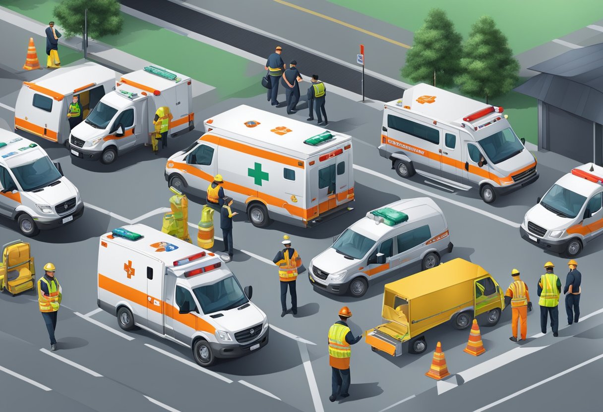 Os serviços de uma empresa de ambulâncias estão se expandindo, com veículos e equipe se preparando para emergências.