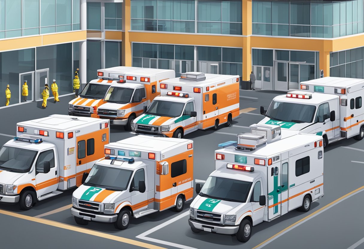 Uma frota de ambulâncias estacionada do lado de fora de uma instalação moderna, com paramédicos e equipamentos médicos visíveis através das portas de garagem abertas.