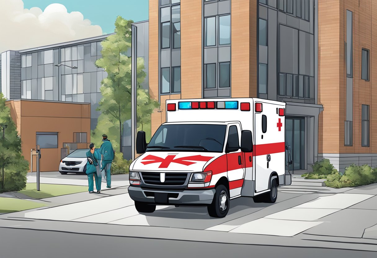 Uma ambulância estacionada do lado de fora de um prédio com o logo da cruz vermelha. Um paramédico está próximo, pronto para ajudar.