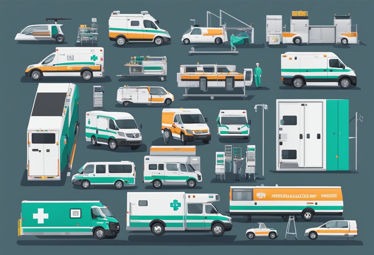 Equipamentos e infraestrutura de uma empresa de ambulância: veículos, macas, suprimentos médicos, dispositivos de comunicação e uma base de operações bem organizada
