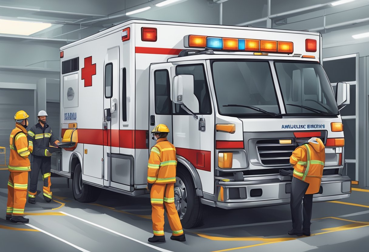 Uma equipe de profissionais em uma empresa de ambulâncias, trabalhando juntos para preparar e manter veículos de emergência e equipamentos.