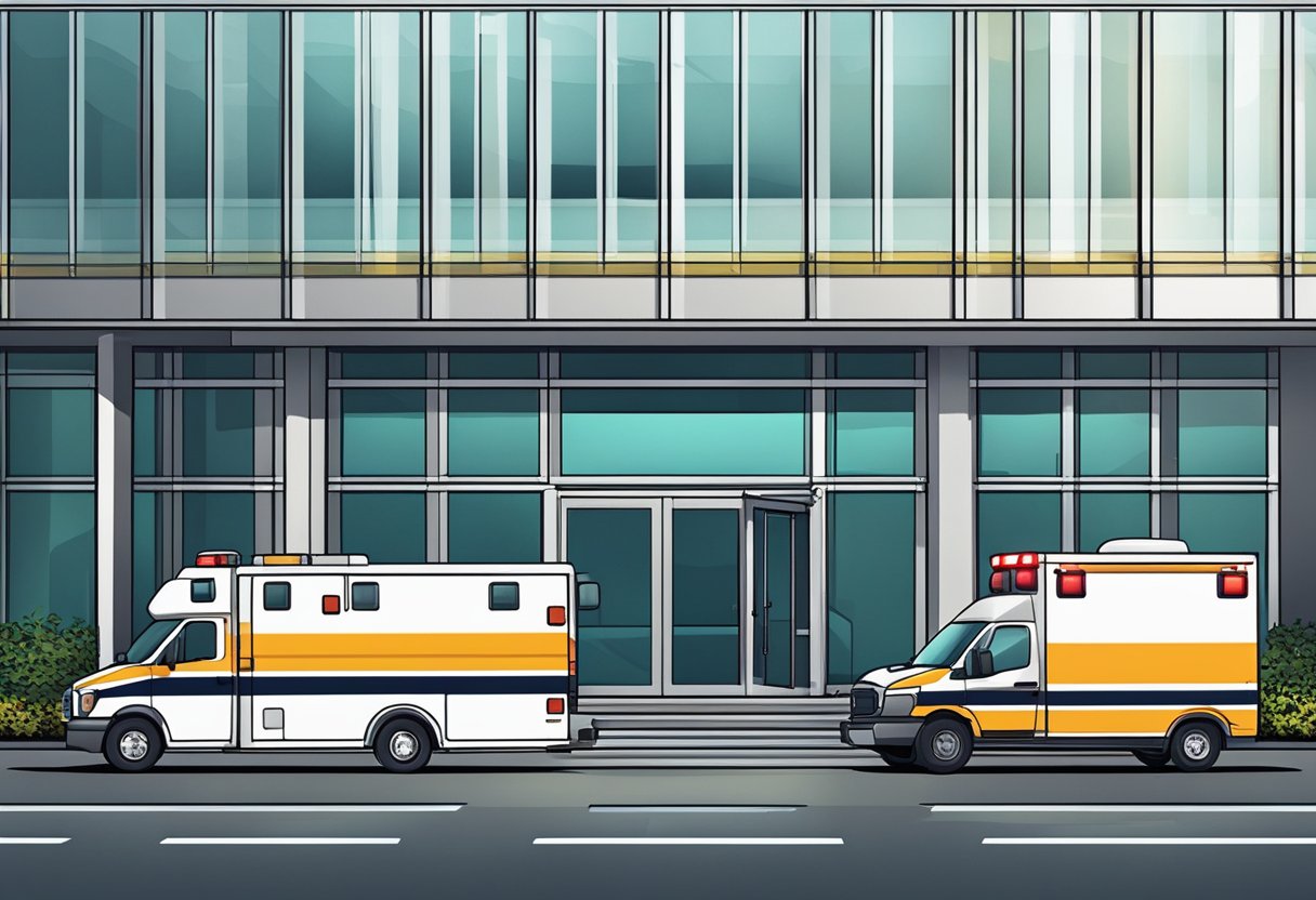 Uma ambulância estacionada do lado de fora de um hospital, com luzes de emergência piscando e equipamentos médicos visíveis através das janelas
