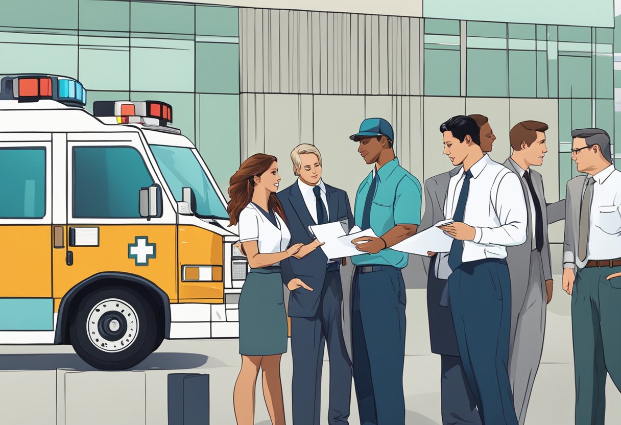 Um grupo de pessoas vestindo trajes de negócios revisando documentos e apertando as mãos em frente a uma ambulância