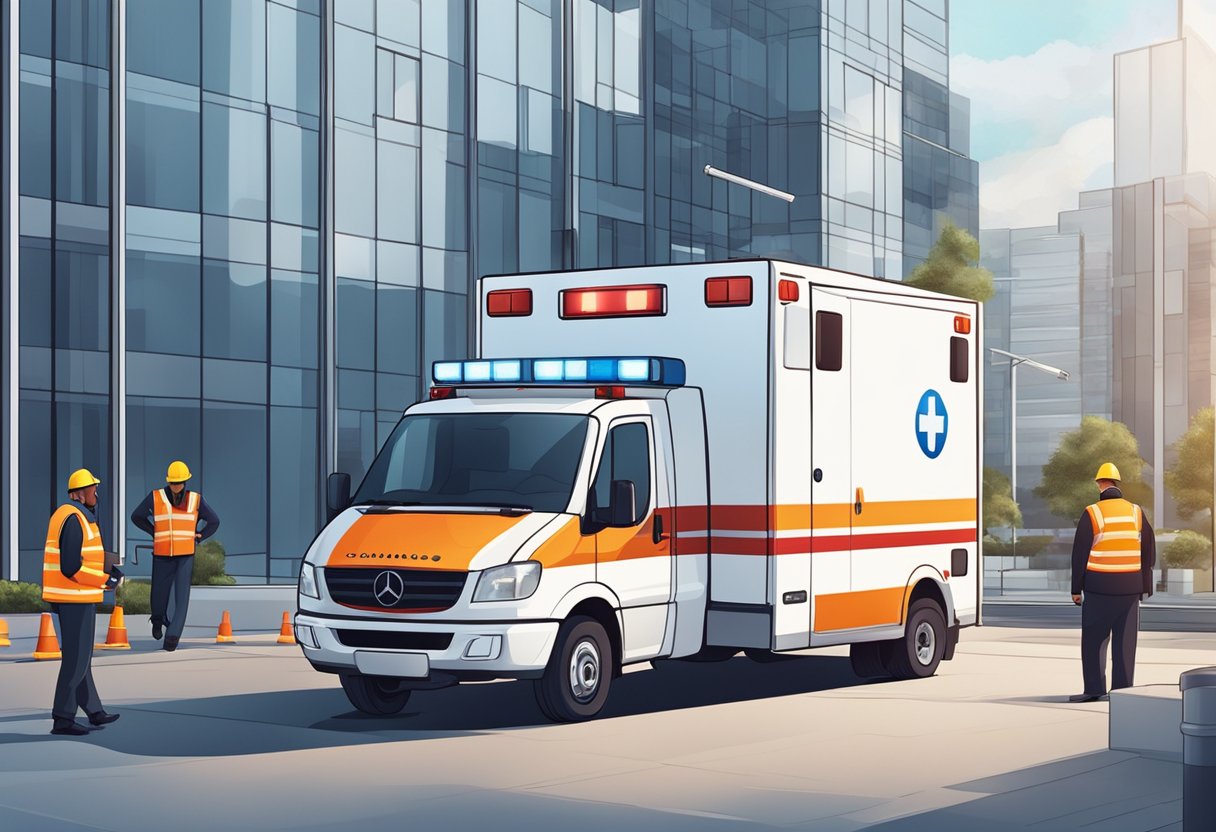 Uma ambulância estacionada do lado de fora de um prédio de escritórios moderno, com uma equipe de trabalhadores realizando tarefas de manutenção e melhoria no veículo.