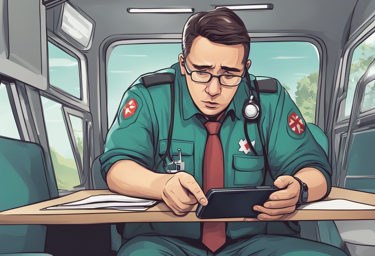 Uma pessoa procurando freneticamente no smartphone o número de emergência da ambulância, com uma expressão de urgência e preocupação no rosto.