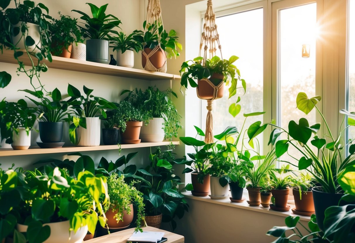 A cozy living room filled with a variety of lush, green houseplants arranged on shelves and hanging from macrame plant hangers. Sunlight streams in through the window, casting a warm glow on the vibrant foliage