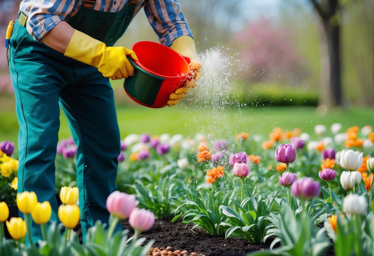 A gardener sprinkles fertilizer on blooming spring plants