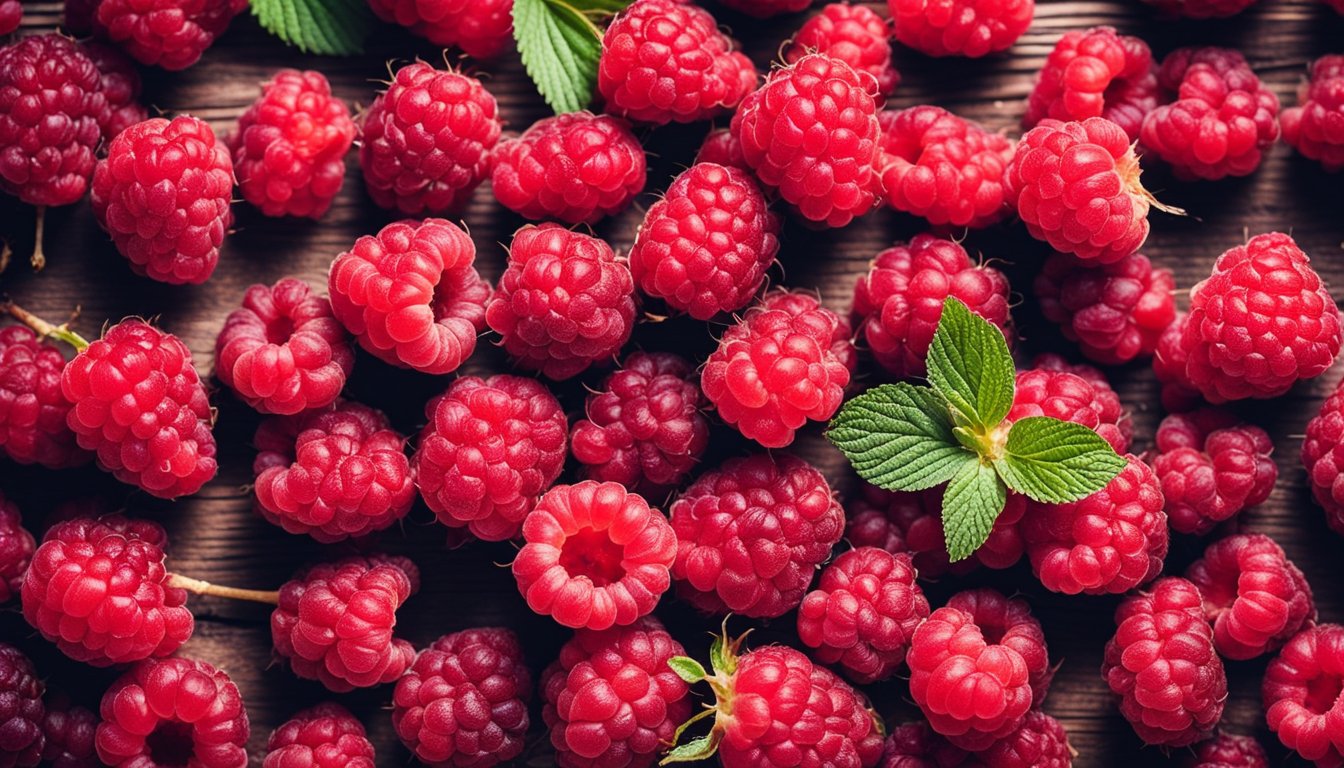 Fresh red raspberries on rustic wood, vibrant and textured