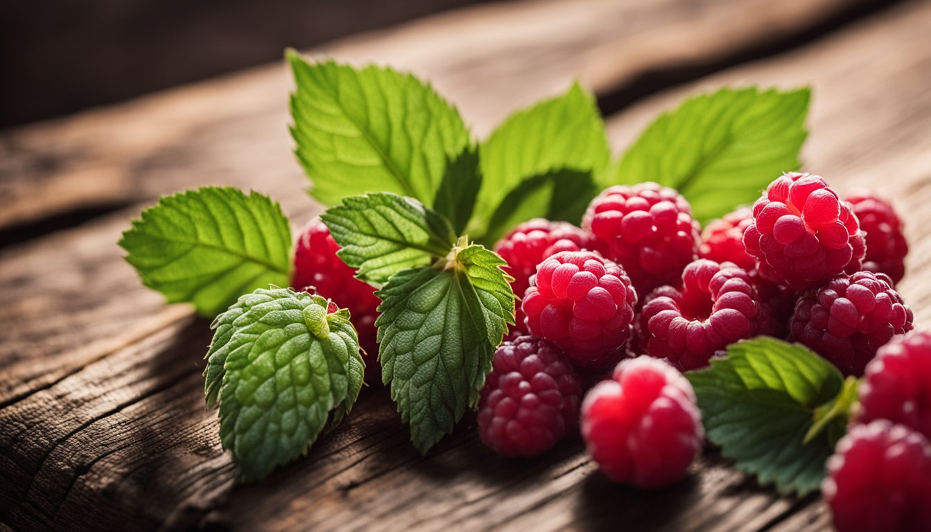 Fresh red raspberries sit on a rustic wooden surface, their vibrant color and texture captured in a detailed macro shot