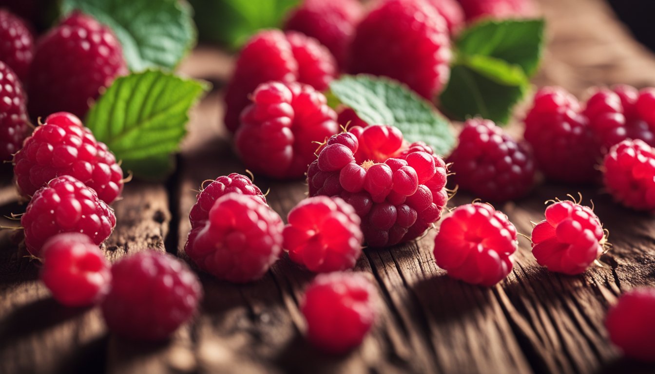 Fresh red raspberries sit on rustic wood, their vibrant color and texture highlighted in a detailed macro shot