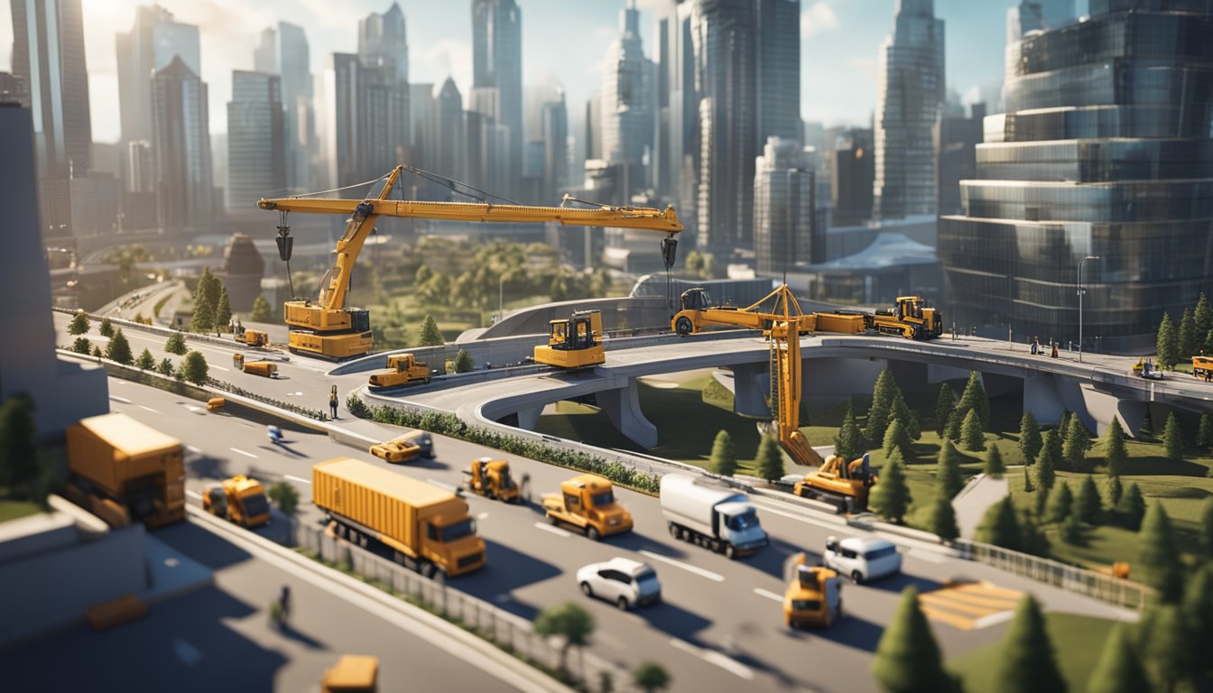 A bustling highway under construction with workers and machinery, surrounded by the futuristic cityscape of Bloxburg