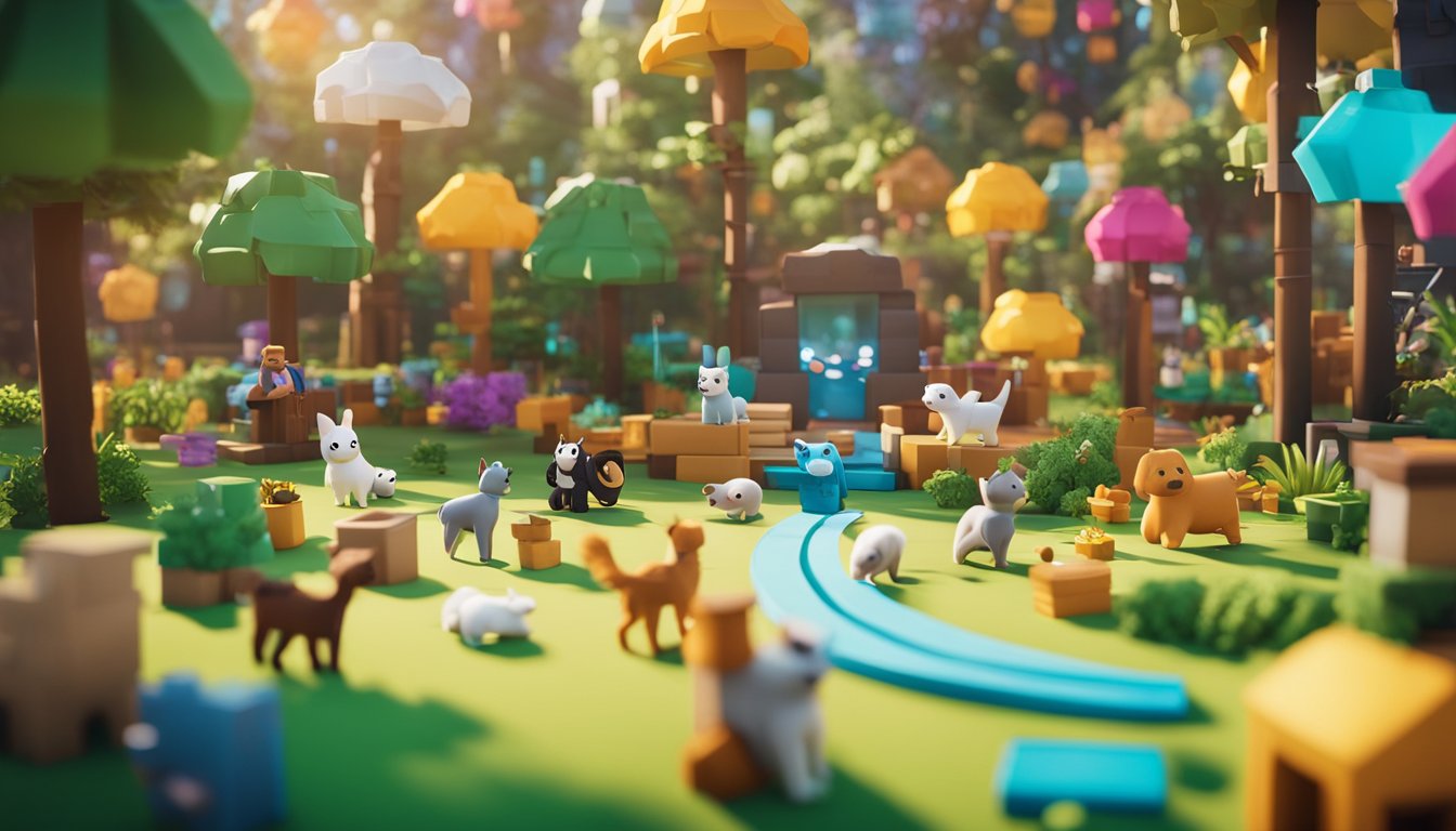 A colorful pet sanctuary with animals playing and interacting, surrounded by vibrant game elements and symbols from the top 5 free Roblox games released this year