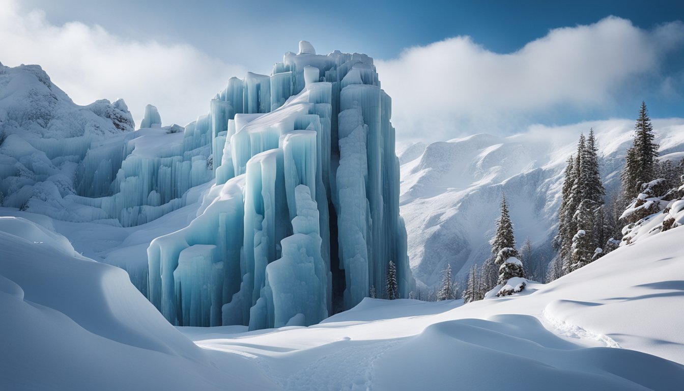 A towering ice fortress surrounded by swirling snow and icy cliffs, with a treacherous path leading to the summit