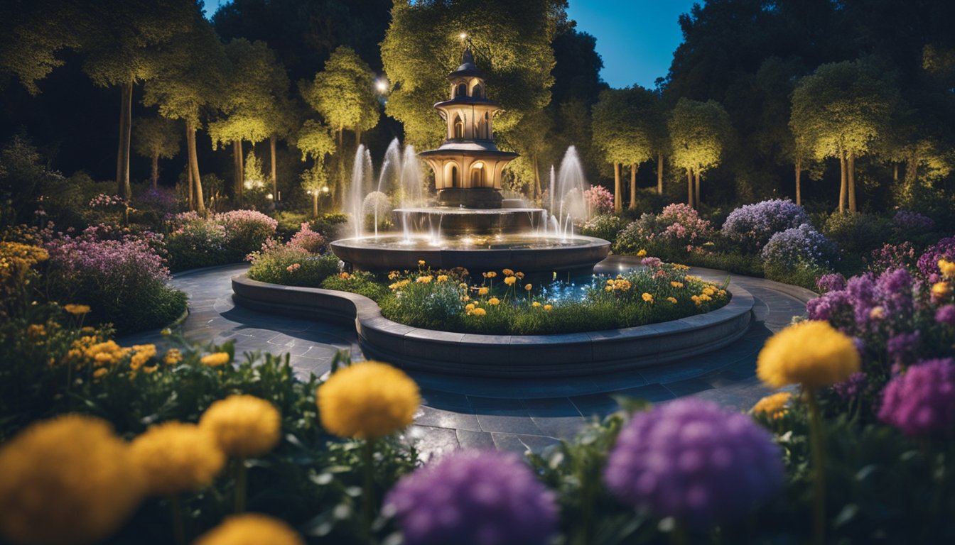 A magical garden with colorful flowers, sparkling fountains, and whimsical creatures frolicking under the moonlit sky