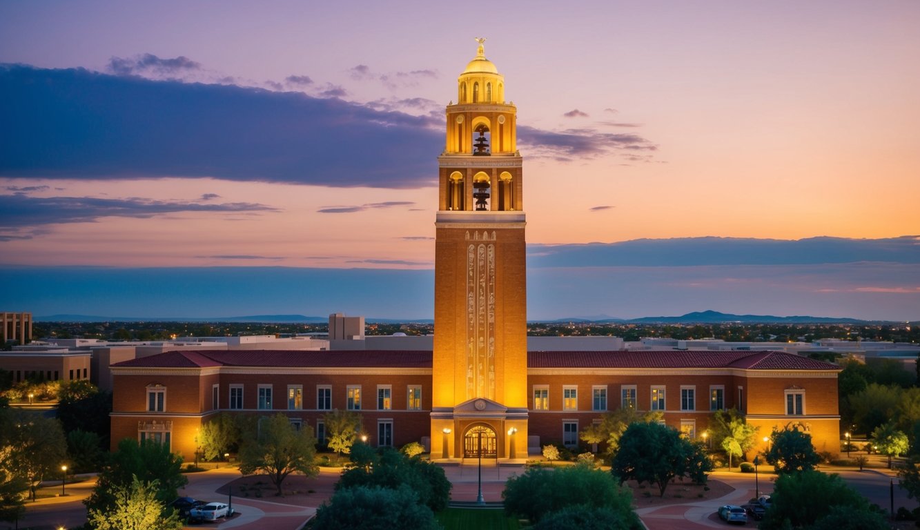 Aizona State University's iconic bell tower rises against a sunset sky, casting a warm glow over the bustling campus