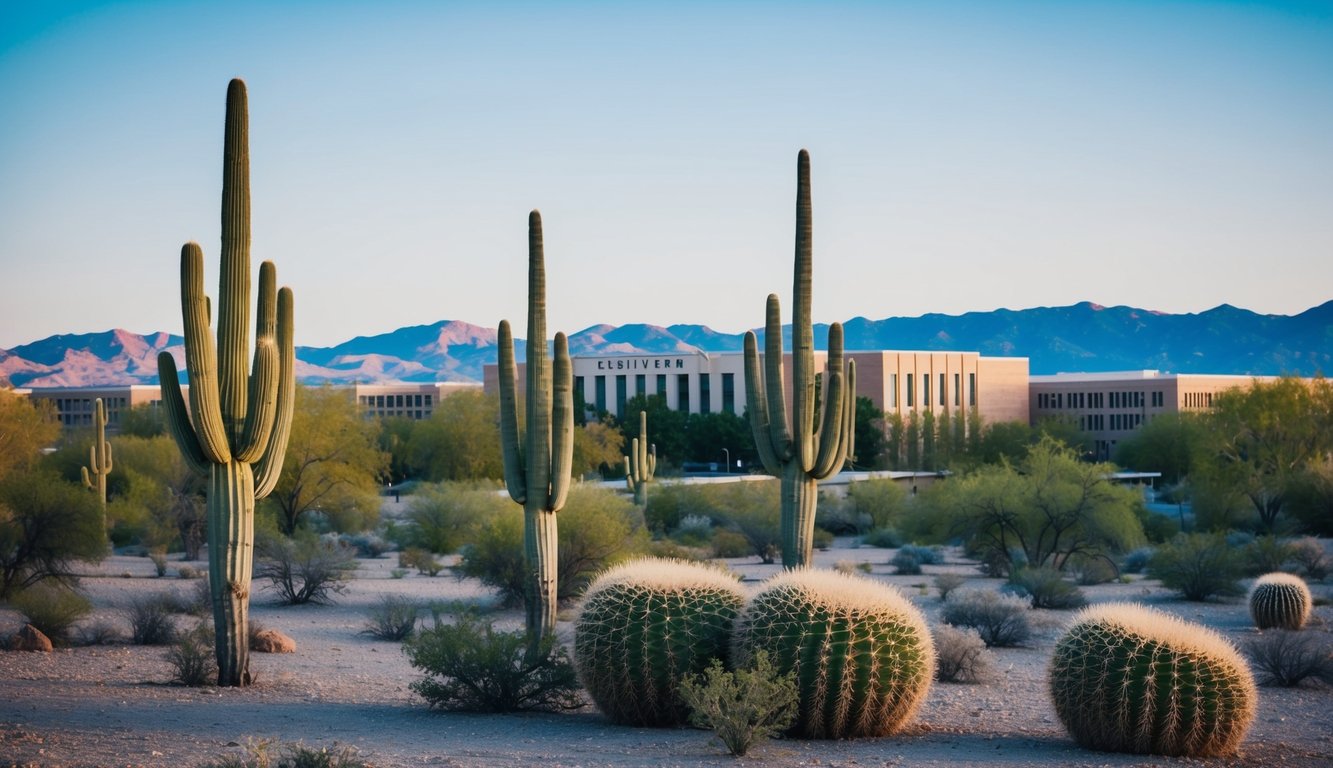 A desert landscape with a university campus in the background, featuring cacti, mountains, and a clear blue sky