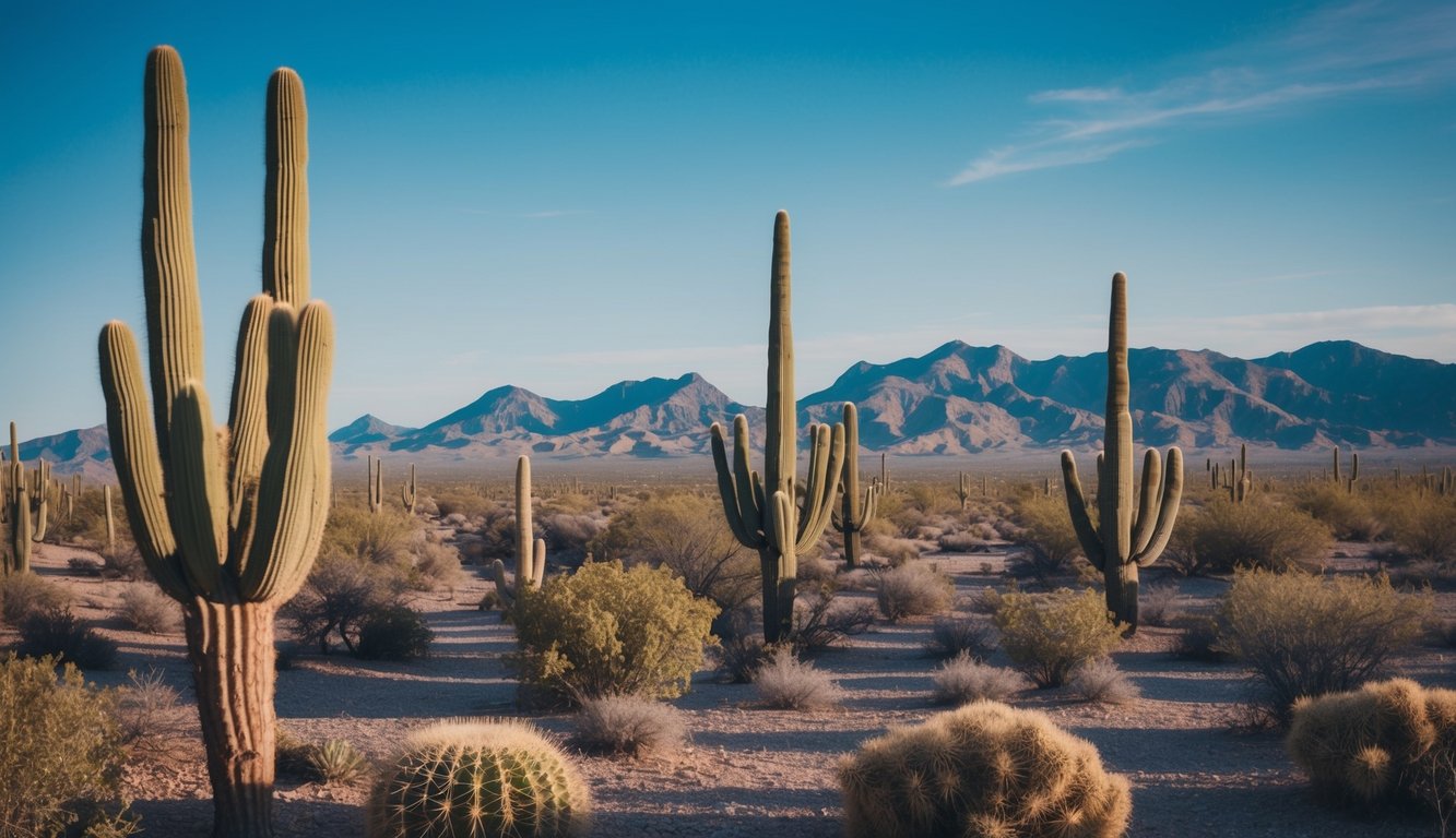 A desert landscape with cacti, mountains, and a clear blue sky