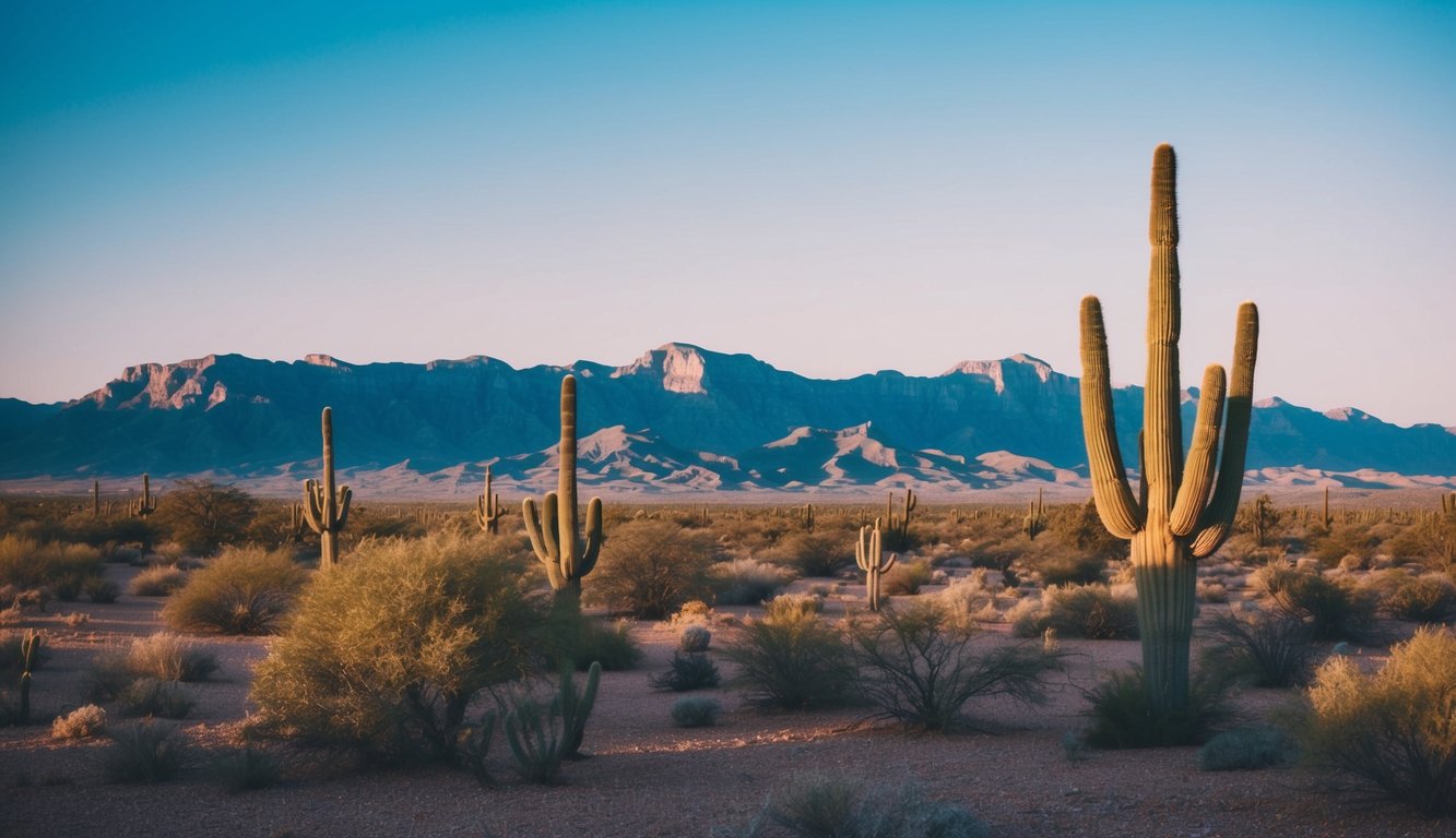 A desert landscape with cacti, mountains, and a clear blue sky