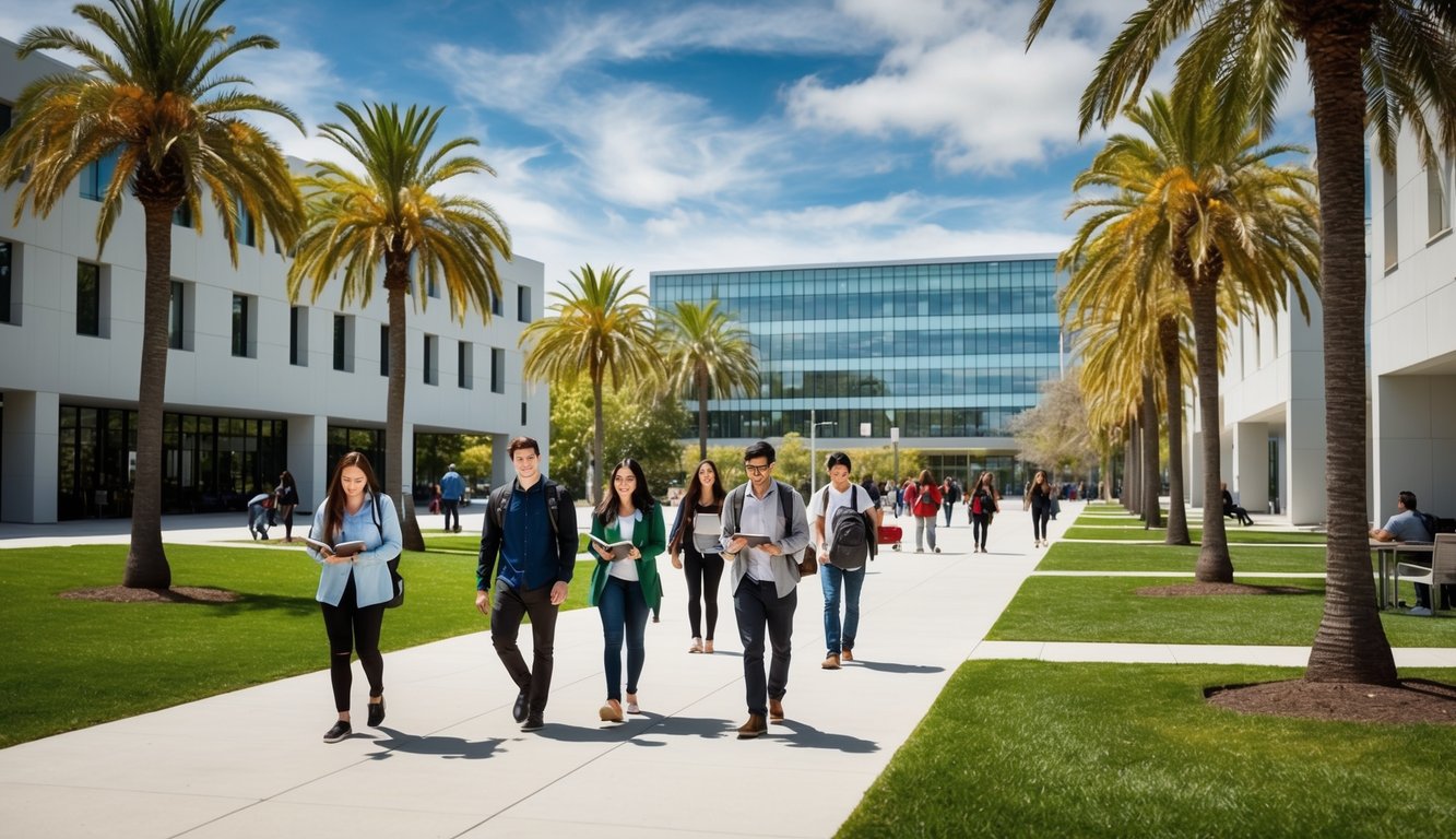 A sunny campus with palm trees and modern buildings, students walking and studying outdoors