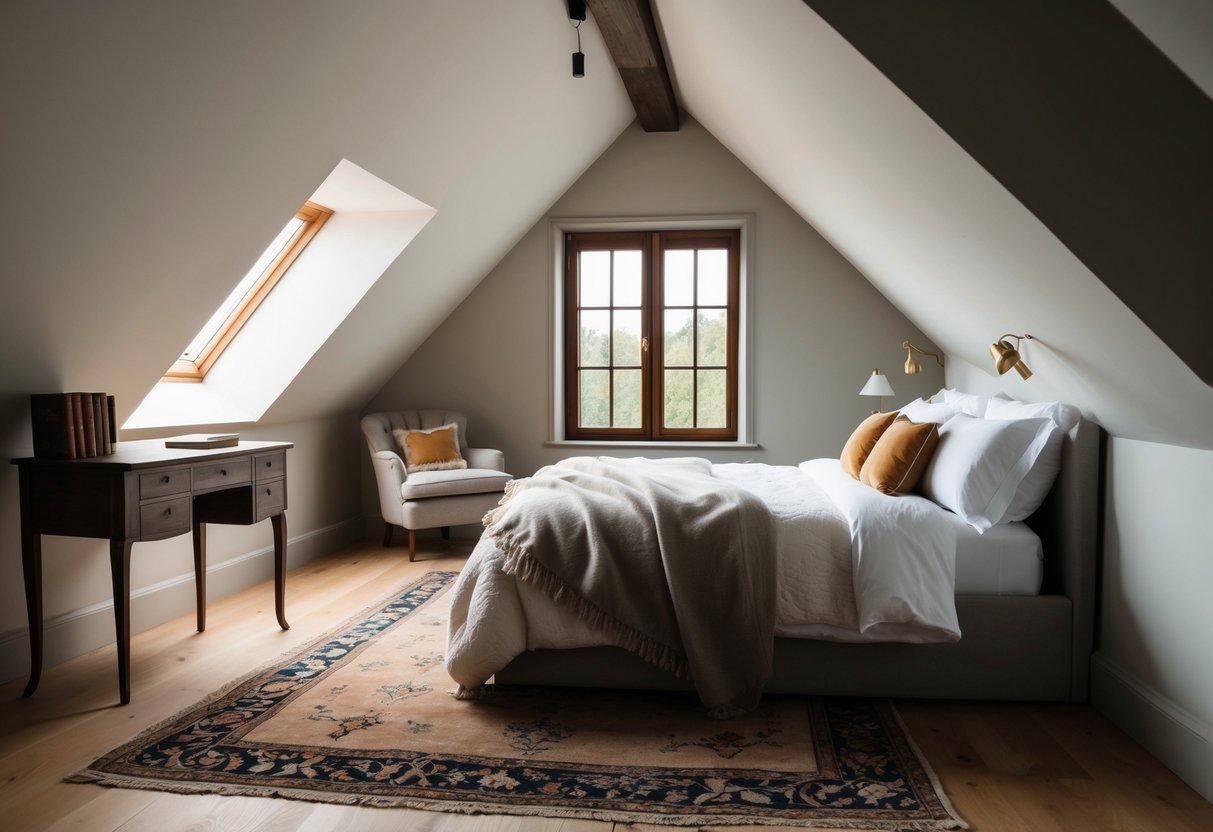 A cozy attic bedroom with sloped ceilings, a large window, and a plush bed adorned with soft blankets and pillows. A vintage rug and a small desk complete the inviting space