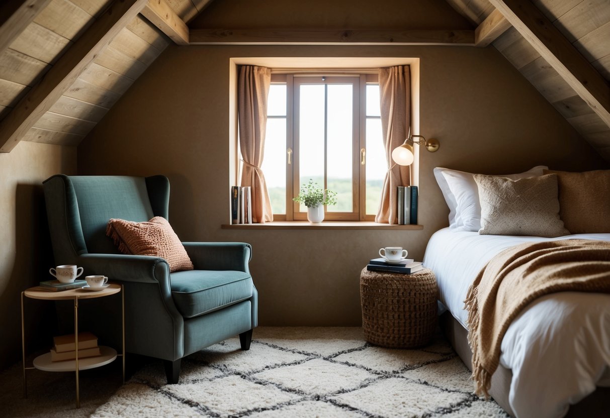 A cozy reading nook in a rustic attic bedroom with a plush armchair, a warm throw blanket, and a small side table with a teacup and books