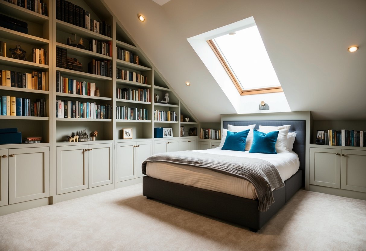 A cozy attic bedroom with built-in bookshelves lining the walls, filled with books and decorative items. A sloped ceiling with a skylight lets in natural light, and a comfortable bed sits in the center of the room