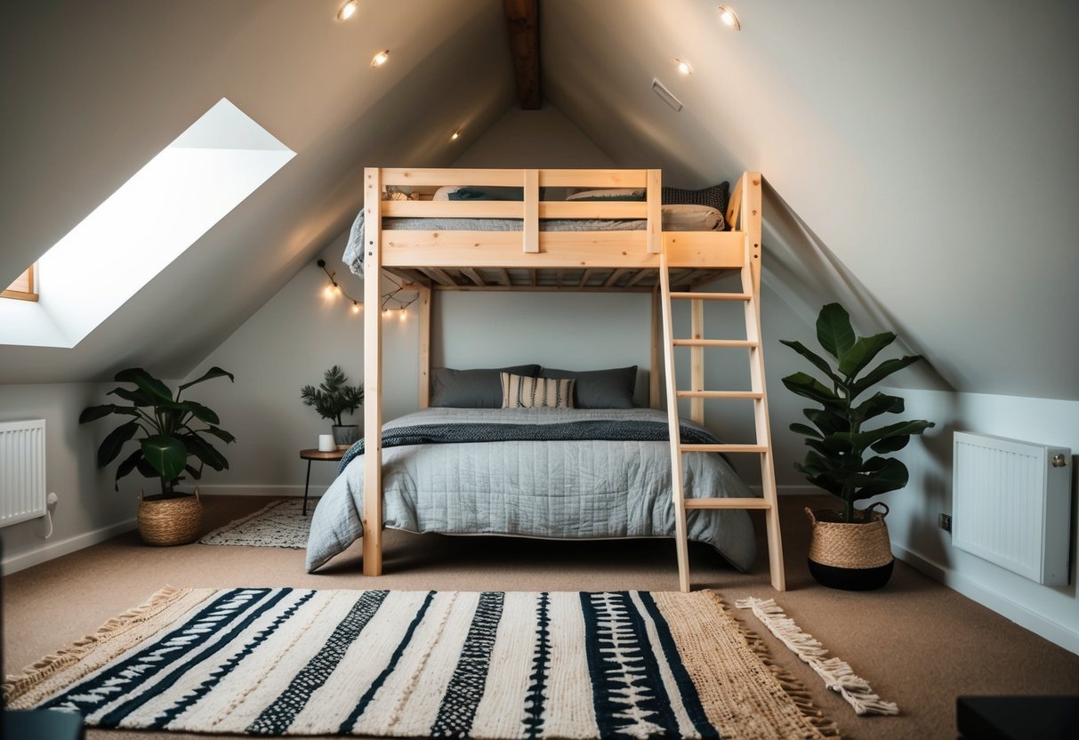 A cozy attic bedroom with sloped ceilings, soft lighting, and a ladder leading up to a loft bed. Decor includes rugs, plants, and cozy bedding