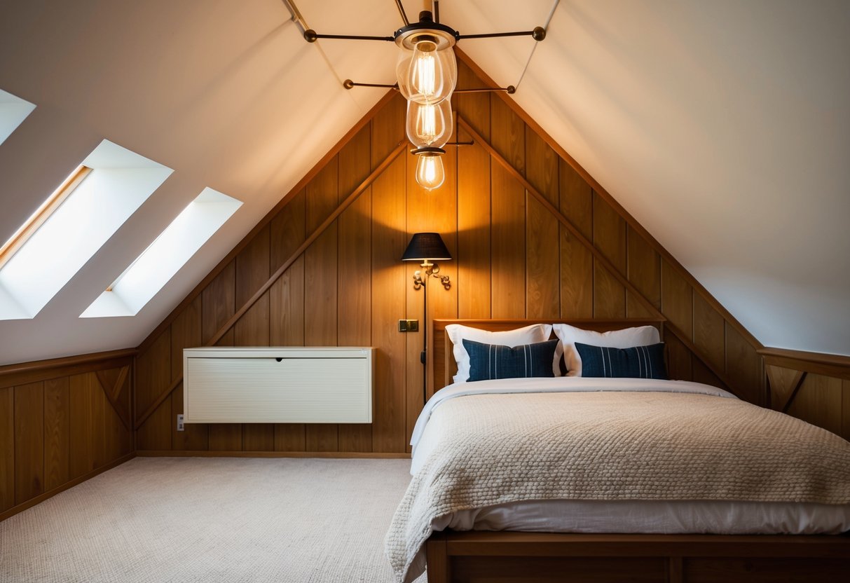 An attic bedroom with vintage light fixtures, cozy and inviting, with sloped ceilings and warm wood accents