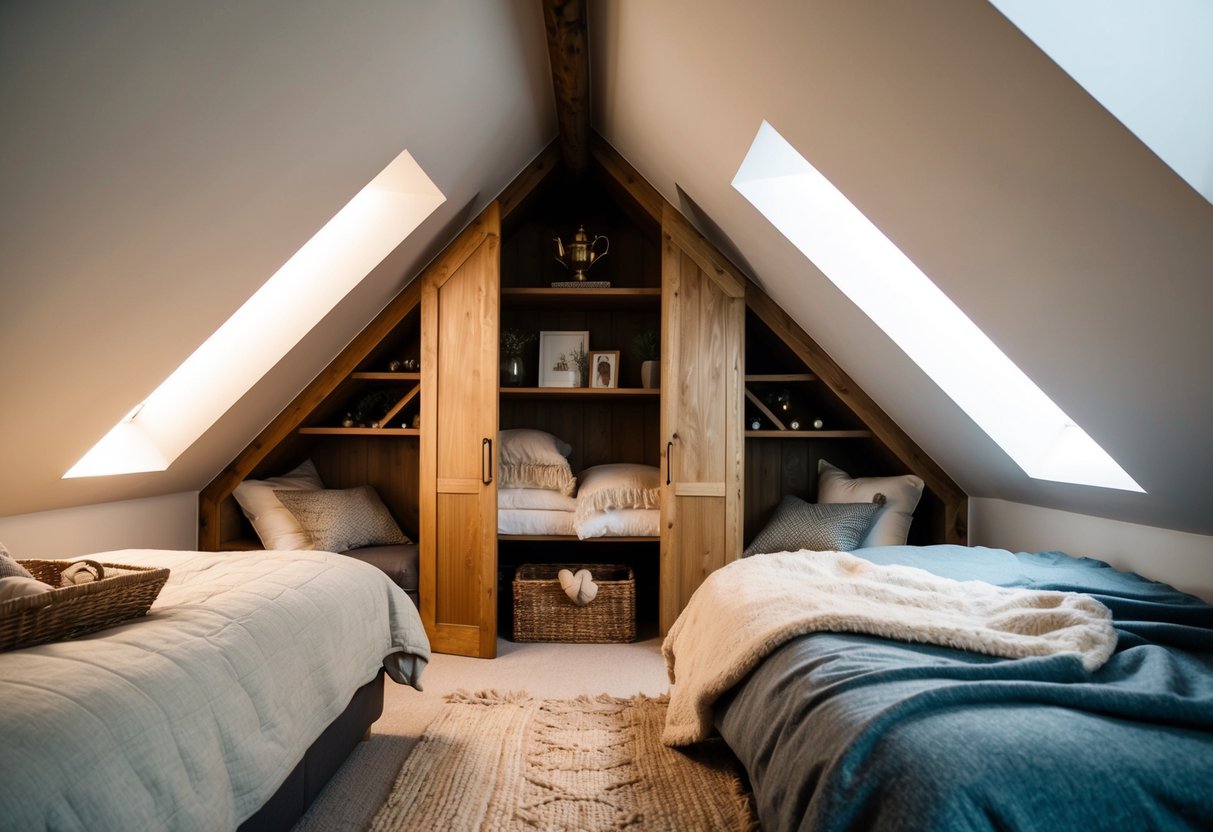 A cozy attic bedroom with secret closet spaces tucked into the eaves, filled with soft blankets and vintage decor