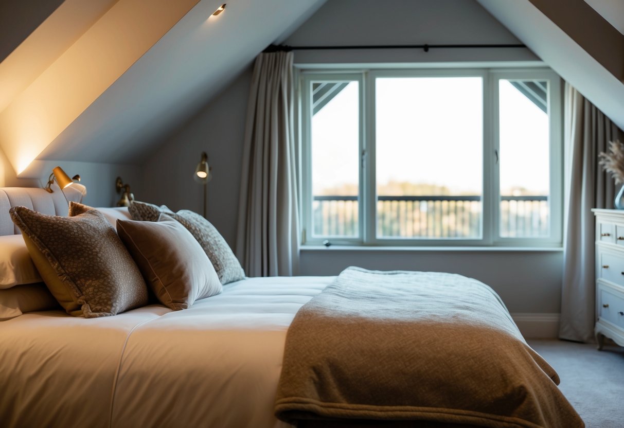 A cozy attic bedroom with luxurious bedding, soft pillows, and warm blankets. A large window allows natural light to fill the room, creating a peaceful and inviting atmosphere