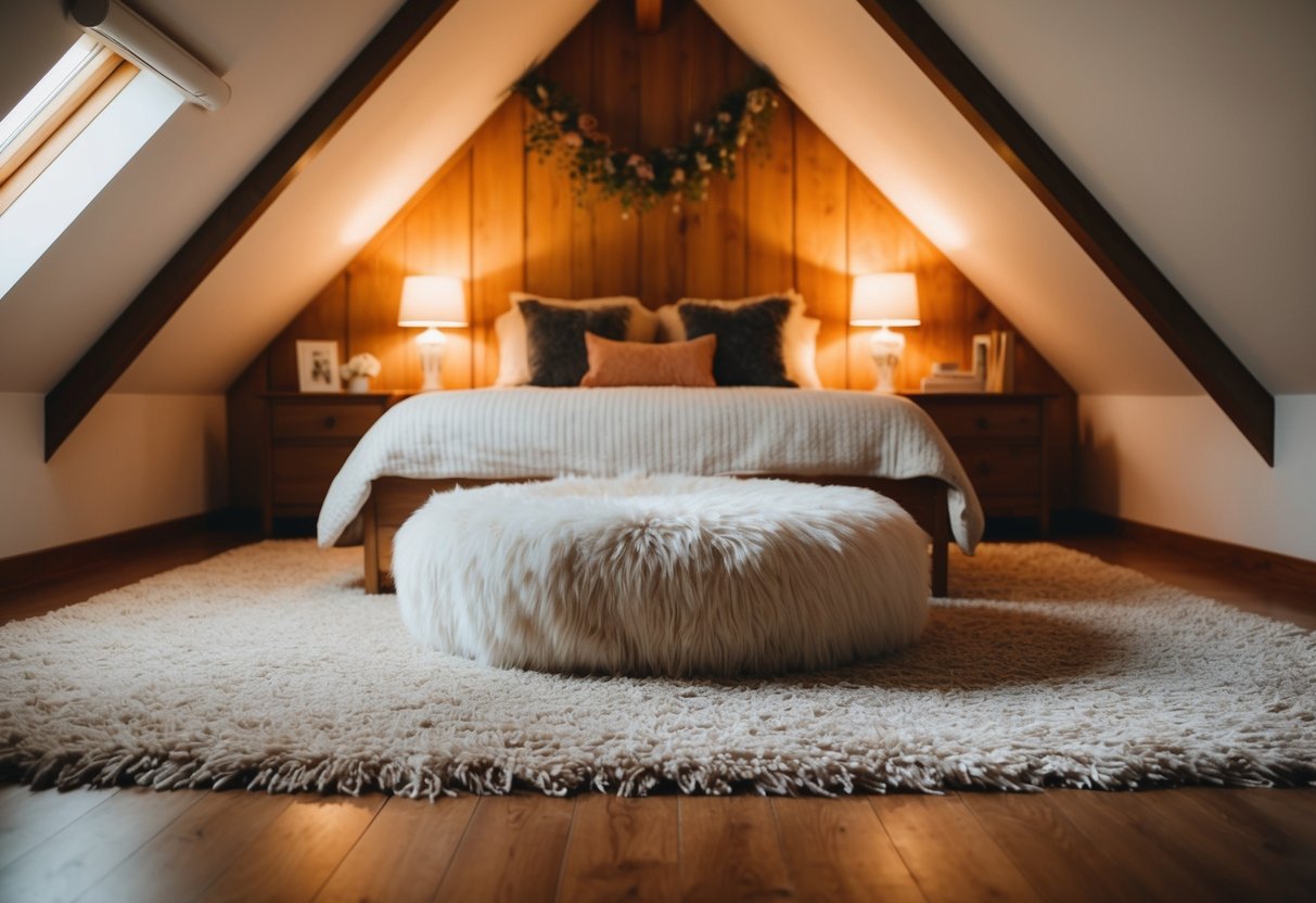 A cozy attic bedroom with a soft, plush area rug in the center, surrounded by warm, inviting decor and soft lighting