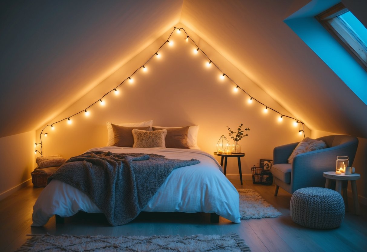 Warm string lights create a cozy ambiance in a clutter-free attic bedroom with sloped ceilings and a comfortable bed