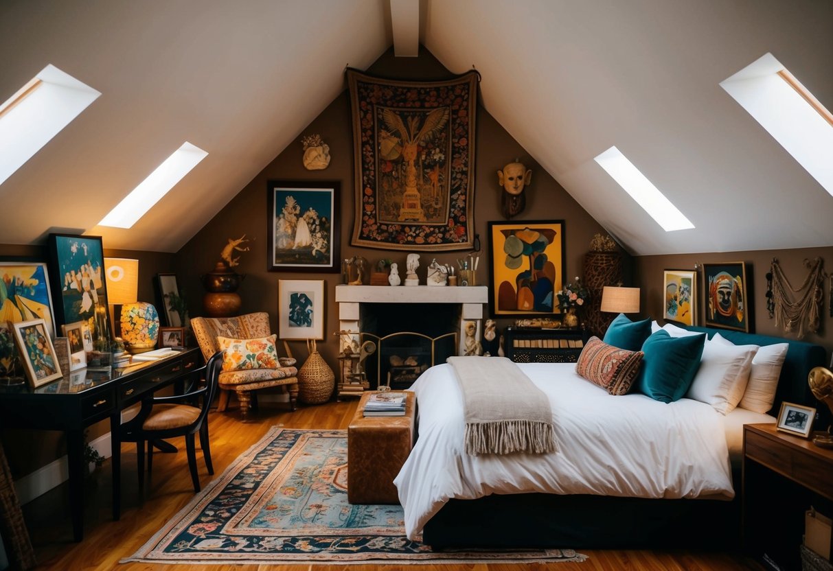 An attic bedroom filled with an eclectic mix of art pieces, including paintings, sculptures, and tapestries. The space is cozy and intimate, with warm lighting and unique decor