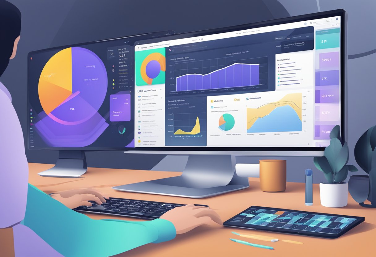 The scene shows a computer screen with VidIQ's interface, displaying various analytics and tools for optimizing YouTube videos