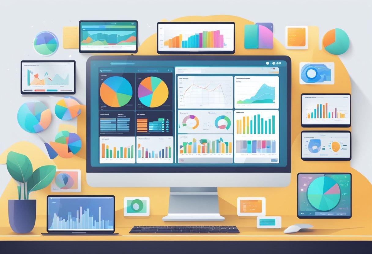 An open laptop displaying a video analytics dashboard with various metrics and graphs, surrounded by a diverse array of digital devices and platforms