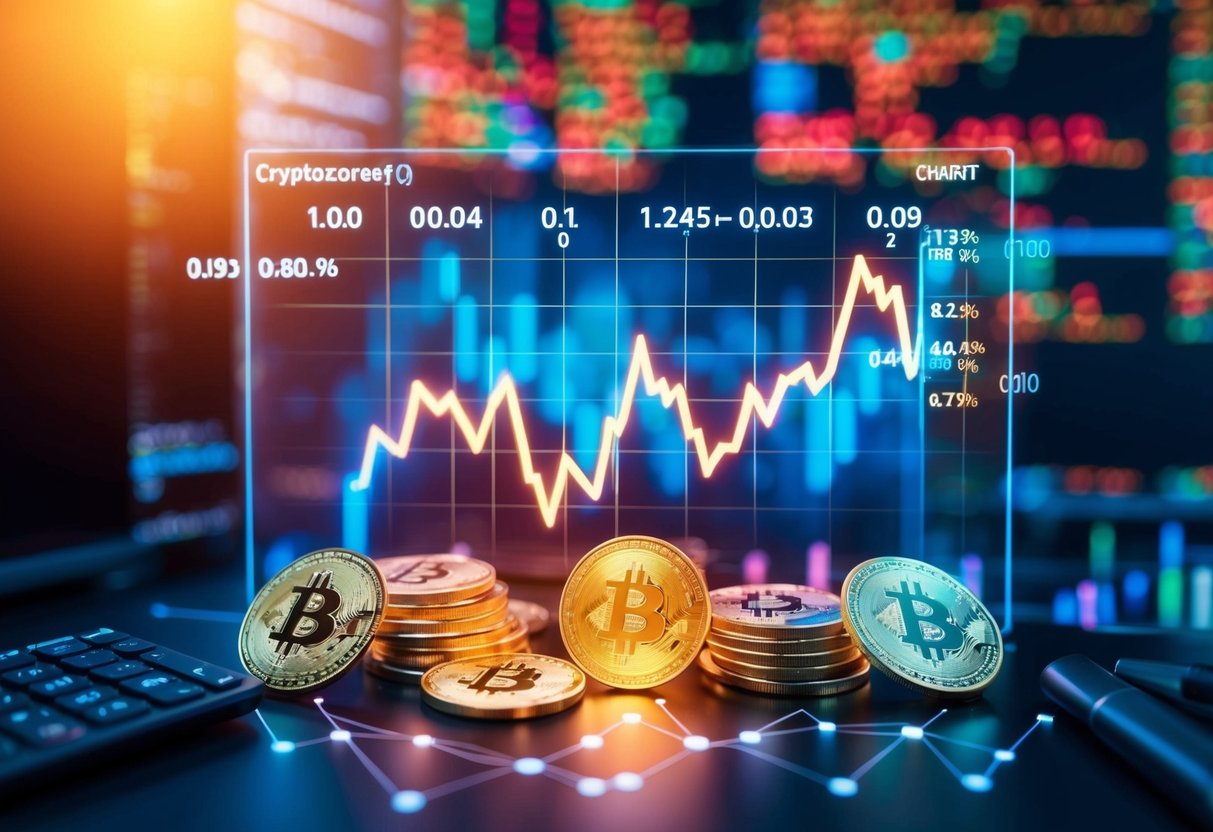 A glowing chart of top-rated cryptocurrencies, surrounded by data points and analysis tools