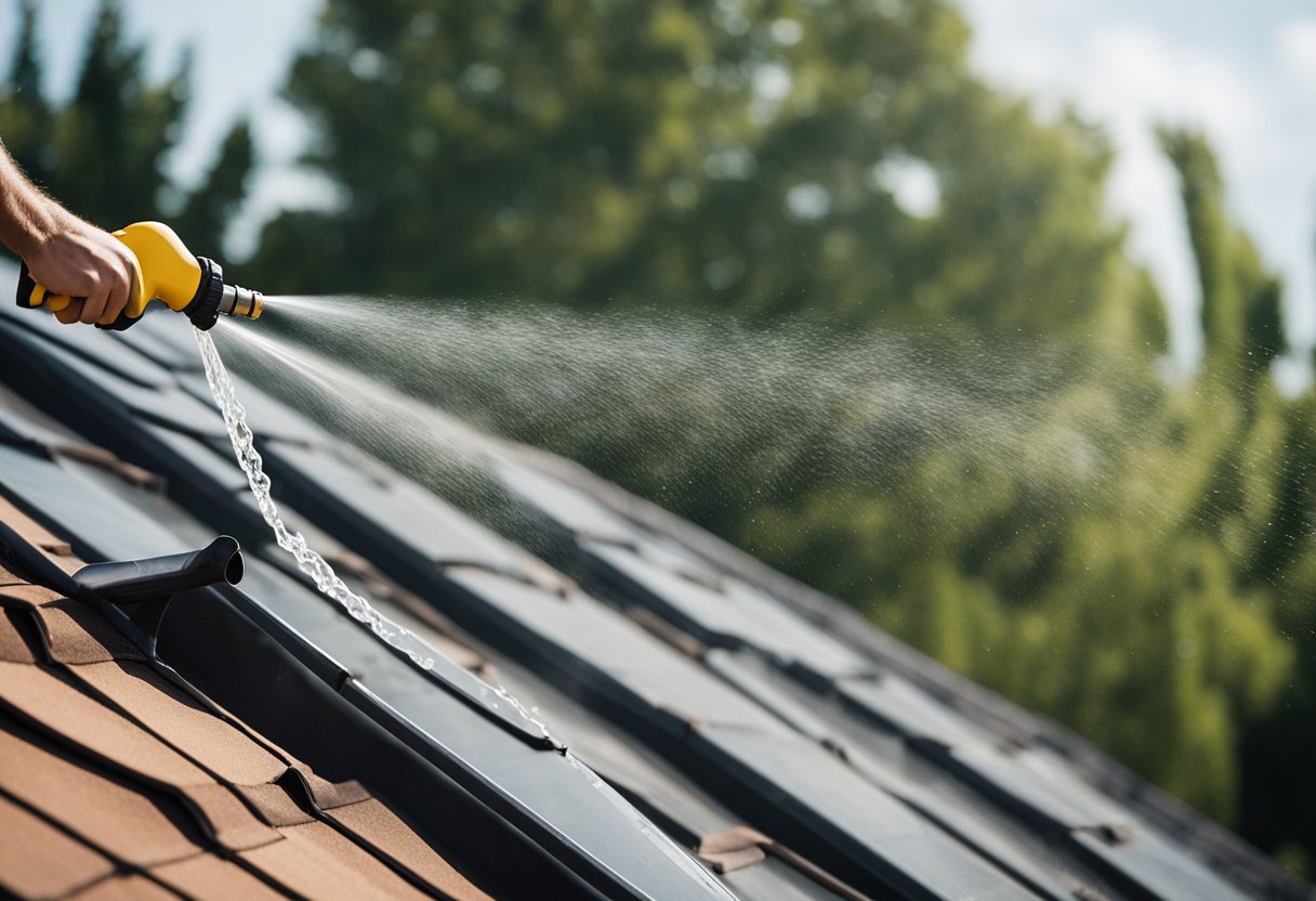 A person using a hose to spray water on different sections of a roof while observing for any signs of leaks or water penetration