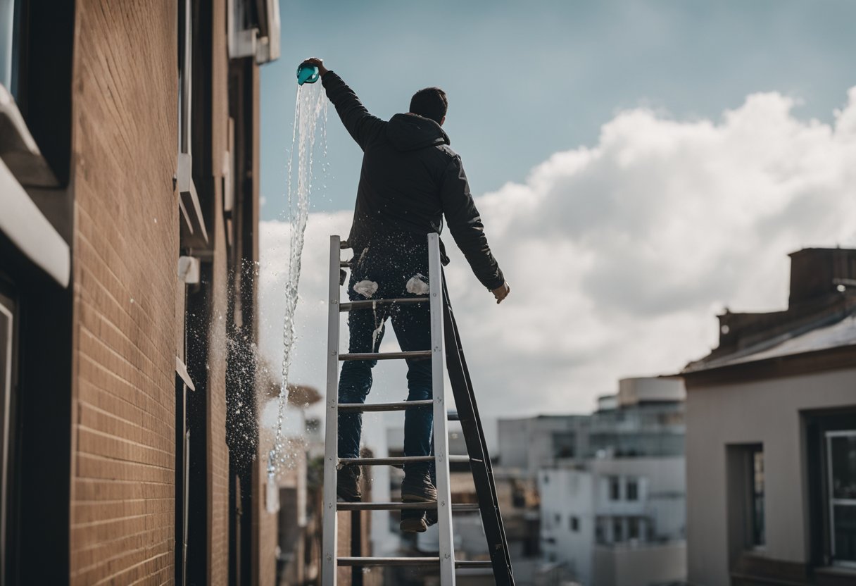 A person standing on a ladder, pouring water onto a section of the roof and observing for any signs of leakage