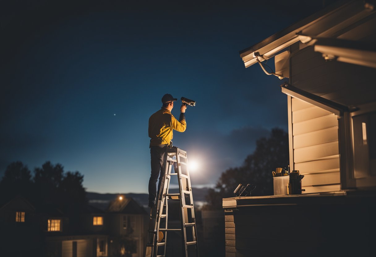 A person standing on a ladder inspecting their roof with a flashlight and a tool kit nearby