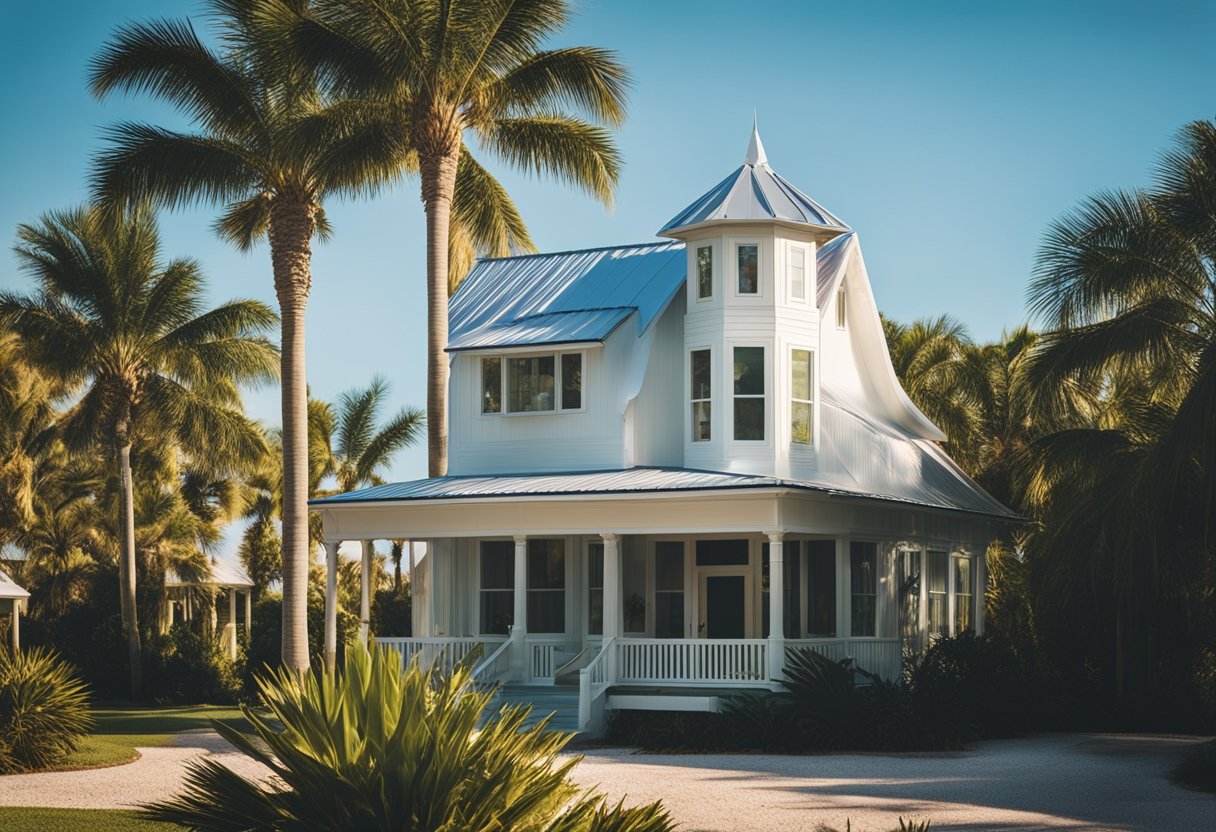 A sunny Florida landscape with a house featuring a metal roof, surrounded by palm trees and a clear blue sky