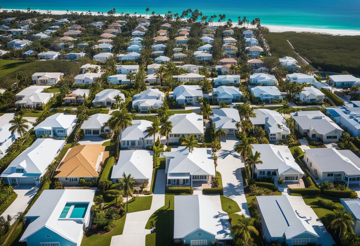 A sunny Florida neighborhood with modern houses featuring metal roofs, surrounded by palm trees and a sparkling blue ocean in the distance